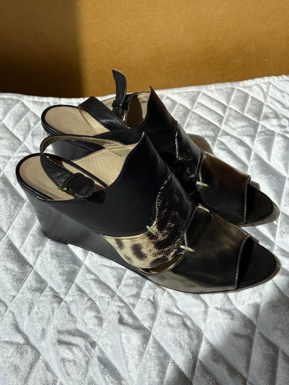 AGL Black Leather Wedge Sandals with Leopard Print Panel - Picture 3 of 10